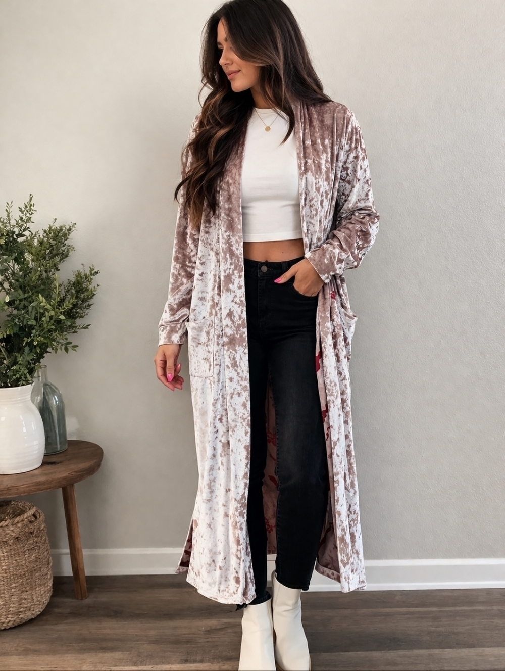 Panache Crushed Velvet Duster Cardigan Small Long Open Front Boho Maxi Kimono